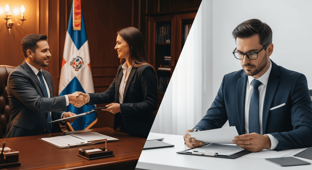 Split scene showing a developer's attorney closing a deal versus an independent attorney reviewing documents alone, illustrating conflict of interest in Dominican Republic real estate